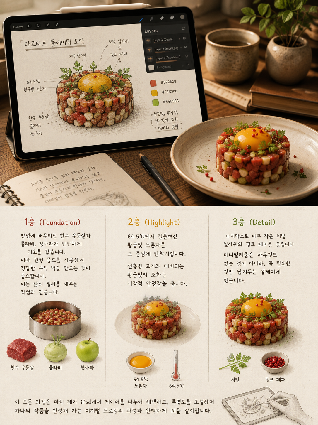 따스한 조명 아래, 아이패드 위에는 한우 우둔살, 콜라비, 청사과, 수비드 노른자를 활용한 타르타르 플레이팅 도안이 층별로 상세히 그려져 있다. 그 옆에는 도안과 완벽하게 일치하는 실물 타르타르 요리가 정갈한 세라믹 접시에 담겨 있다. 하단에는 요리의 각 층(Foundation, Highlight, Detail)에 대한 설명과 필요한 식재료가 일러스트로 나란히 배치되어, 요리의 기초부터 디테일까지의 과정을 하나의 예술 작품처럼 보여주는 레시피 기획안이다. 디지털 기술과 조리 과학을 접목하여 미식의 정점을 찾아가는 연구가의 정성스러운 기록을 담고 있다.