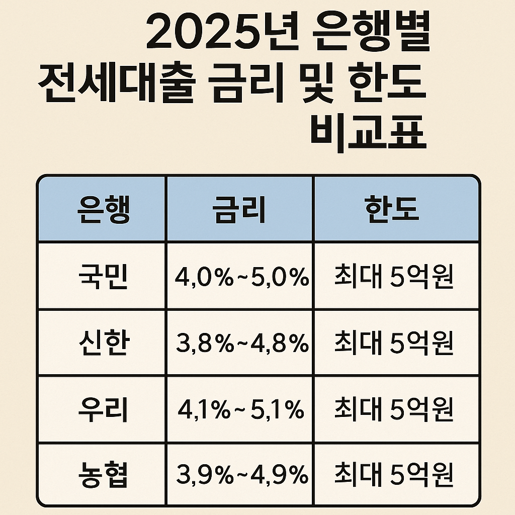2025년 은행별 전세대출 금리 및 한도 비교표(국민·신한·우리·농협 등)