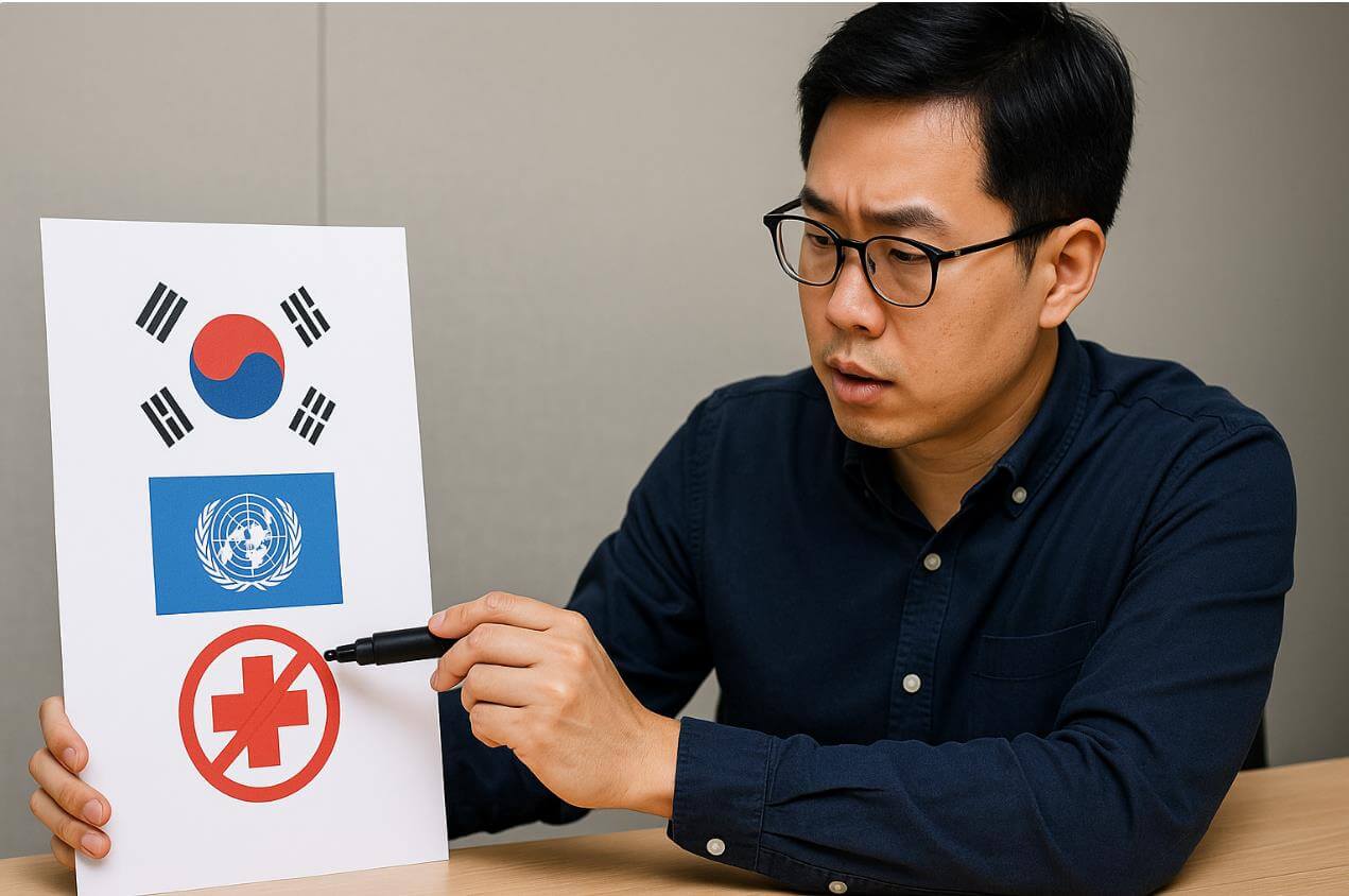 국기와 국제기구 로고를 사용 금지 예시로 설명하는 장면