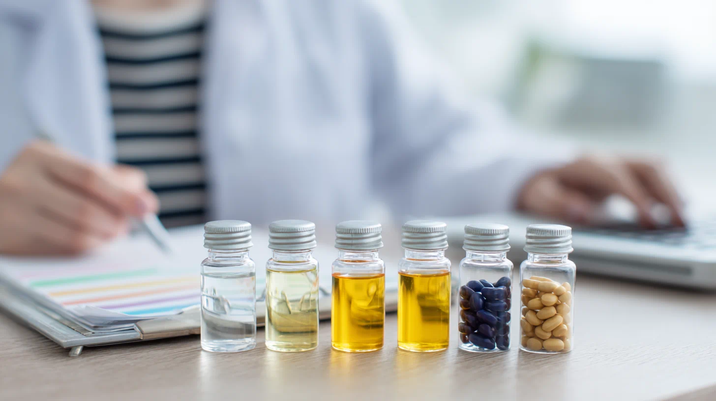 여러 종류의 안약을 책상 위에 놓고 비교하는 장면