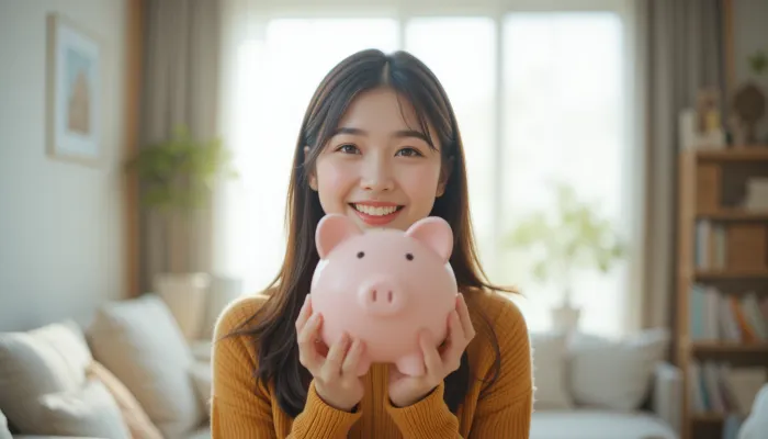 원숭이띠 운세 재물운을 떠올리며 저금통을 들고 웃는 여성의 모습