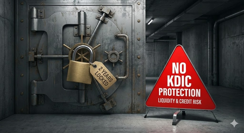 굳게 잠긴 자물쇠(중도해지 불가)와 '예금자보호 X' 경고 표지판이 세워진 금고 이미지