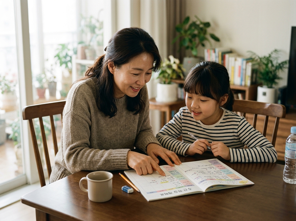 학습 플래너를 보며 다음 학습 계획을 논의하는 학부모와 초중등 학생