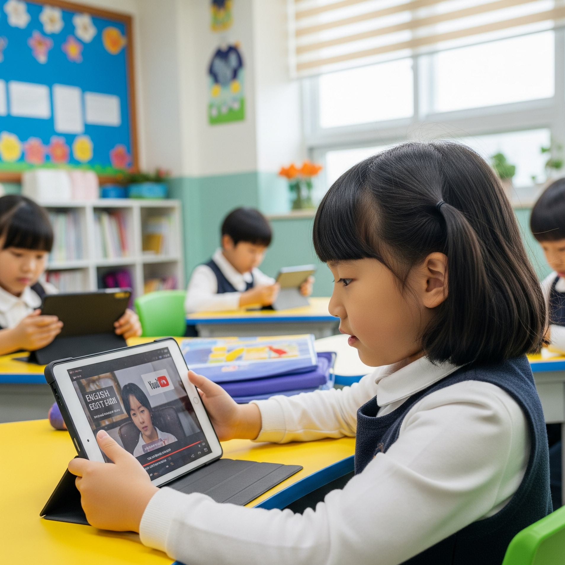 유튜브로 영어 채널을 보고 있는 아이