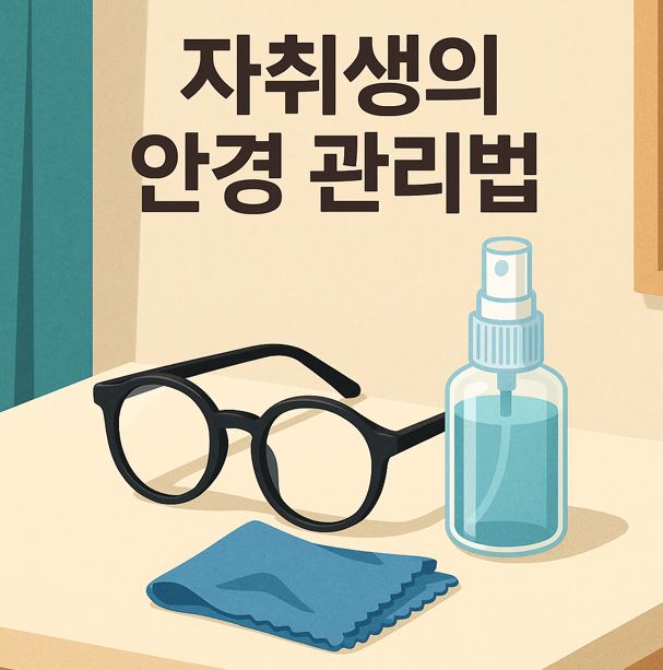 책상 위에 검은색 뿔테 안경과 안경클리너, 전용 안경천이 놓여있다.