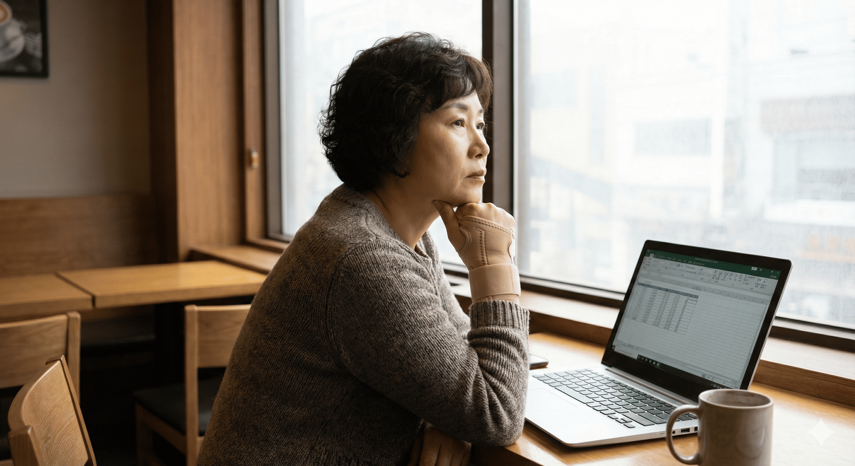 노트북과 손목 보호대를 보며 사회복지사와 요양보호사 진로를 고민하는 50대 여성