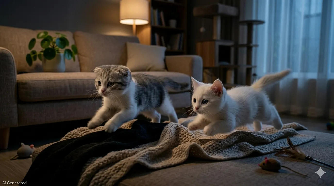 어두운 새벽 거실에서 우다다를 하며 뛰어다니는 회색 무늬 스코티쉬폴드와 하얀색 먼치킨 고양이