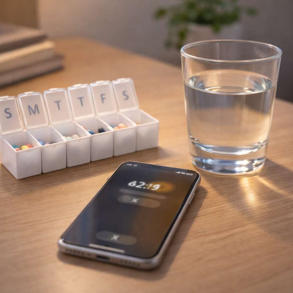 전립선비대증 약물치료의 복용 습관을 상징하는 정물 이미지