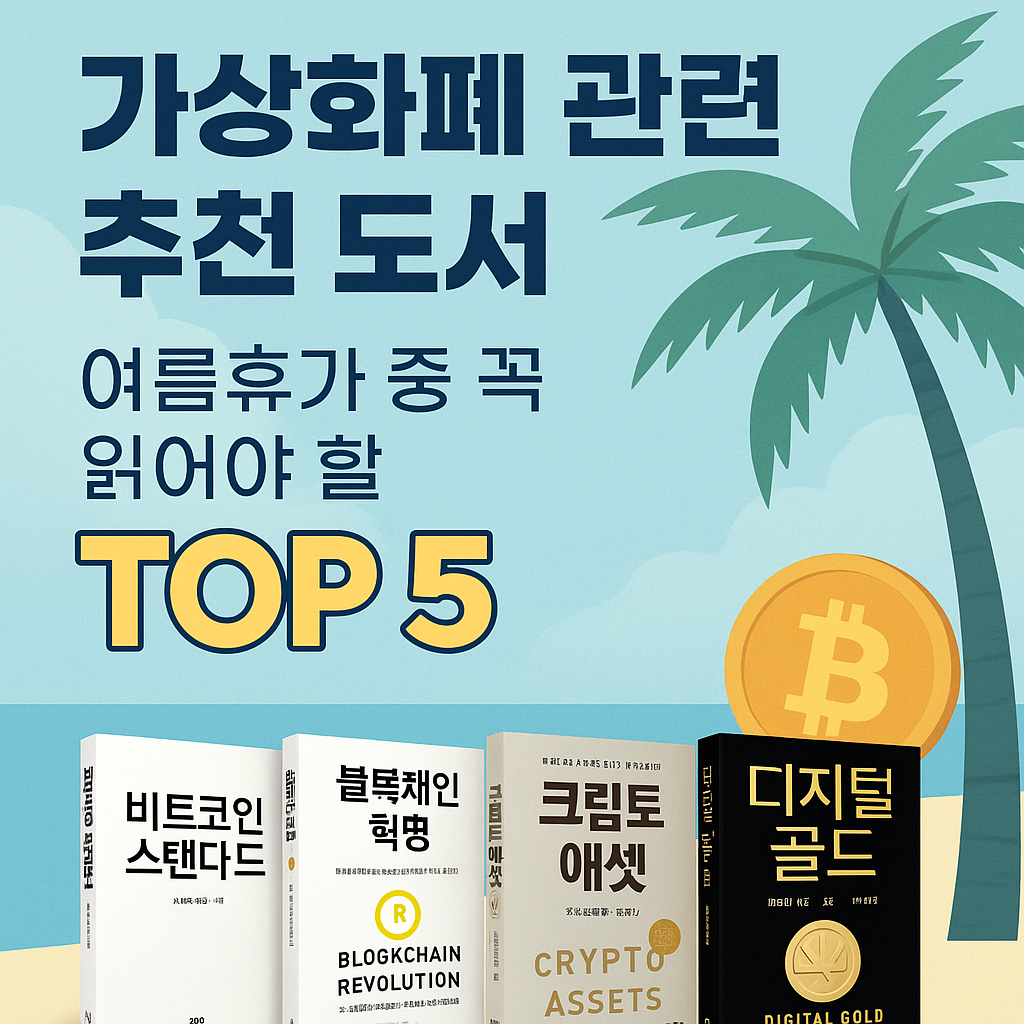 가상화폐 추천 도서 TOP 5를 소개하는 여름휴가용 썸네일 이미지