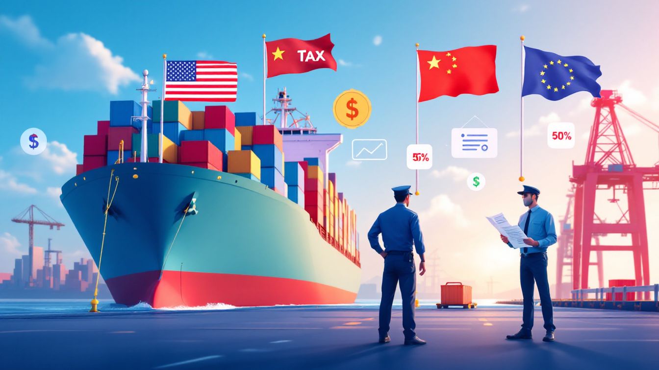 관세와 글로벌 무역을 설명하는 초보자용 인포그래픽 이미지. 세관 앞에서 세금과 수출입을 확인하는 모습.