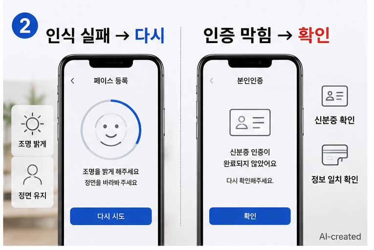 토스 페이스페이 등록 안됨 상황에서 얼굴 인식 실패와 인증 조건 문제를 비교하는 이미지