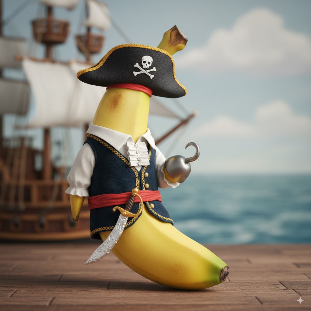 Prompt : Generate an image of a banana wearing a pirate costume