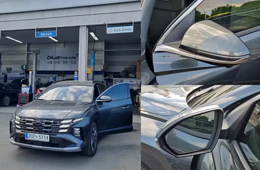 수리 완료 후 운전석 사이드 미러를 살핀 모습입니다.