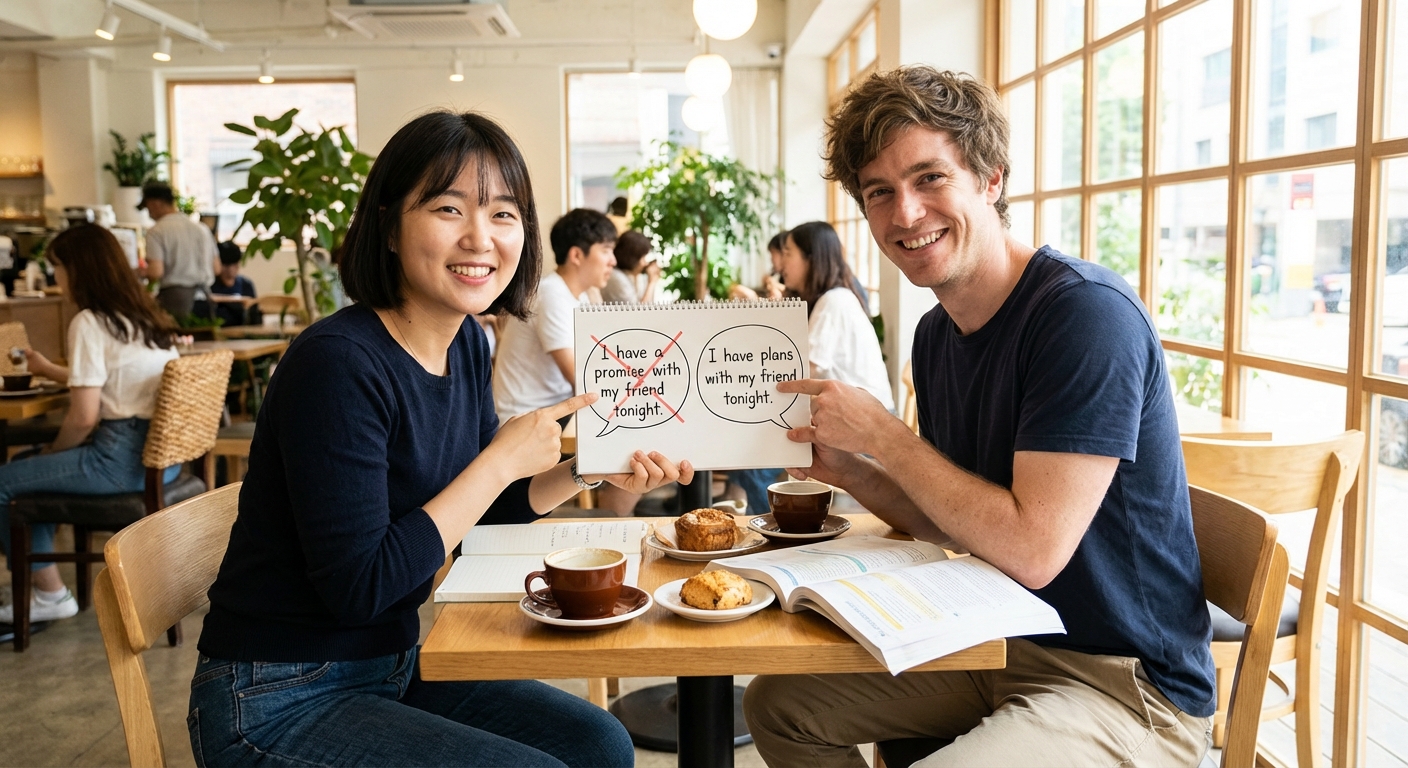 한국인이 자주 틀리는 'promise' 사용법과 올바른 원어민 영어 표현을 보여주는 이미지