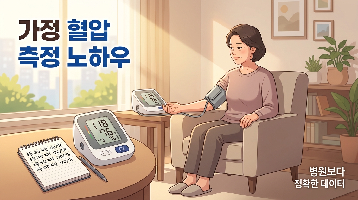 편안한 자세로 의자에 앉아 자동 혈압계로 가정 혈압을 측정하는 모습과, 옆에 기록된 혈압 수치 노트가 함께 보여짐. '가정 혈압 측정 노하우', '병원보다 정확한 데이터'라는 문구가 있어 올바른 가정 혈압 측정의 중요성을 시각화함.