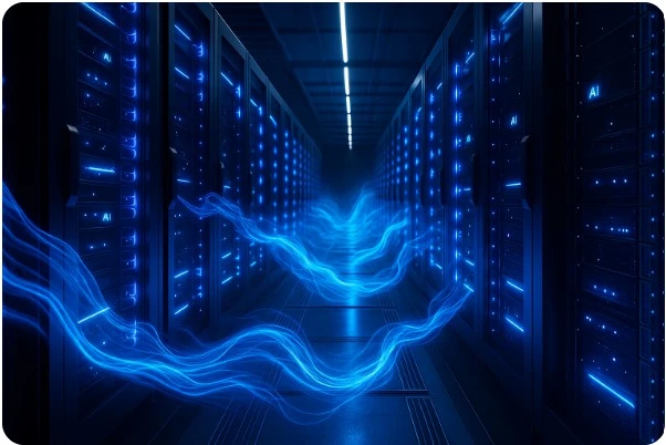 푸른빛 냉각 시스템이 흐르는 미래형 데이터센터 내부