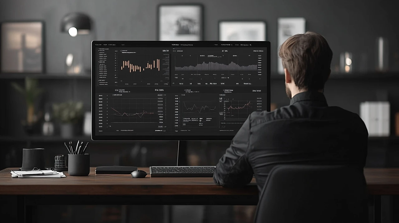 투자자가 최신 기술의 디지털 대시보드를 통해 미국 달러 가치 변동을 분석하며 경제적 통찰을 얻고 있다. 데이터 분석과 금융 시장 인사이트를 중요시하는 모습이 돋보인다.