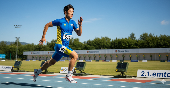 근대5종 경기 중 레이저 런을 하고 있는 남자 선수의 역동적인 모습