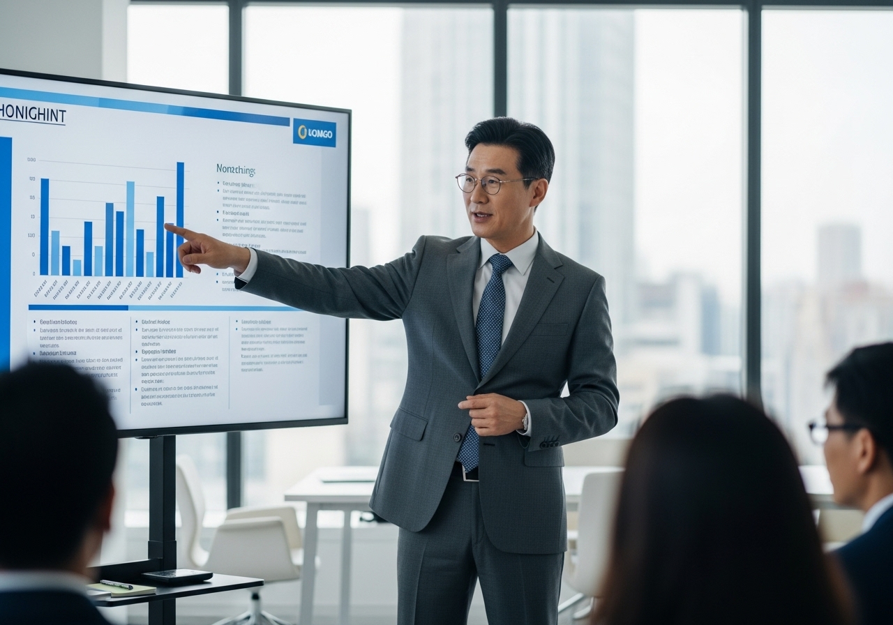 50대 한국인 남성 발표 장면