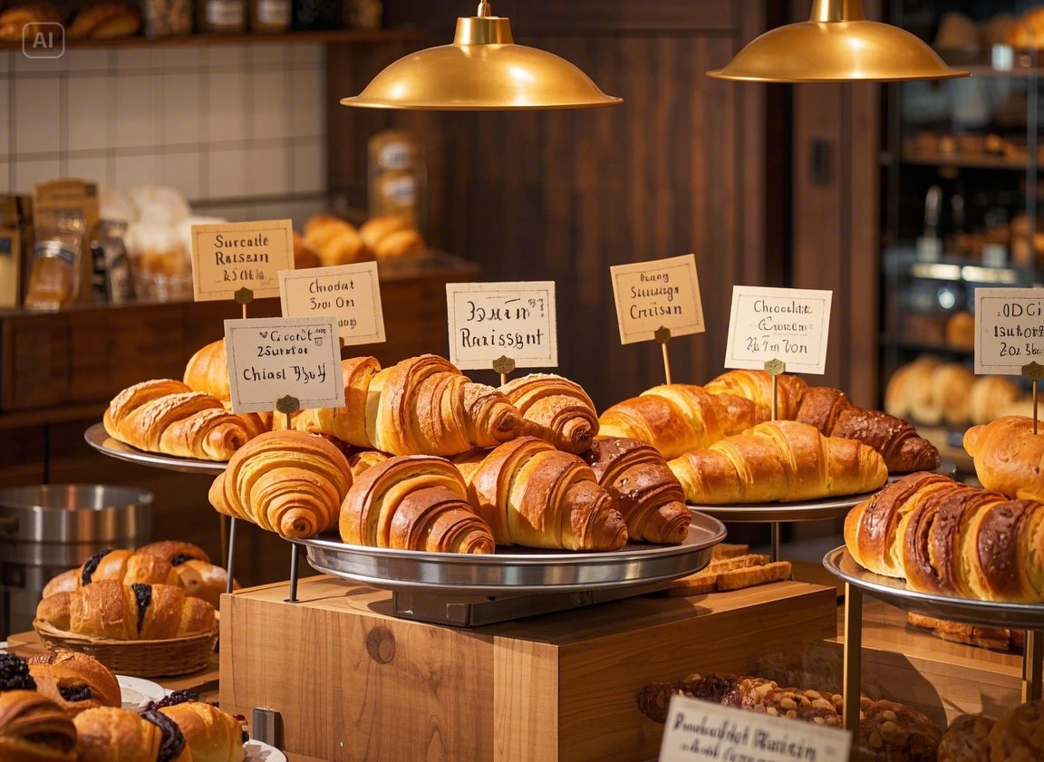 따뜻한 조명 아래 진열된 크루아상과 페이스트리들
