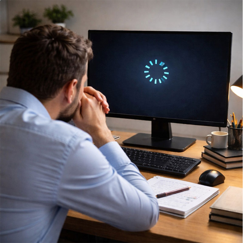 컴퓨터 부팅이 오래 걸려 기다리는 사용자의 데스크탑 작업 환경 모습