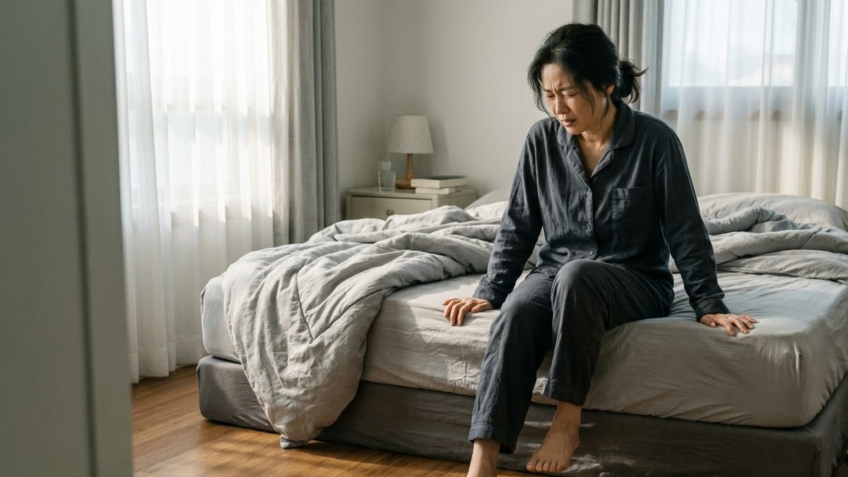 아침에 침대에서 일어나 첫발을 디디며 발뒤꿈치 통증에 얼굴을 찡그리는 40대 여성