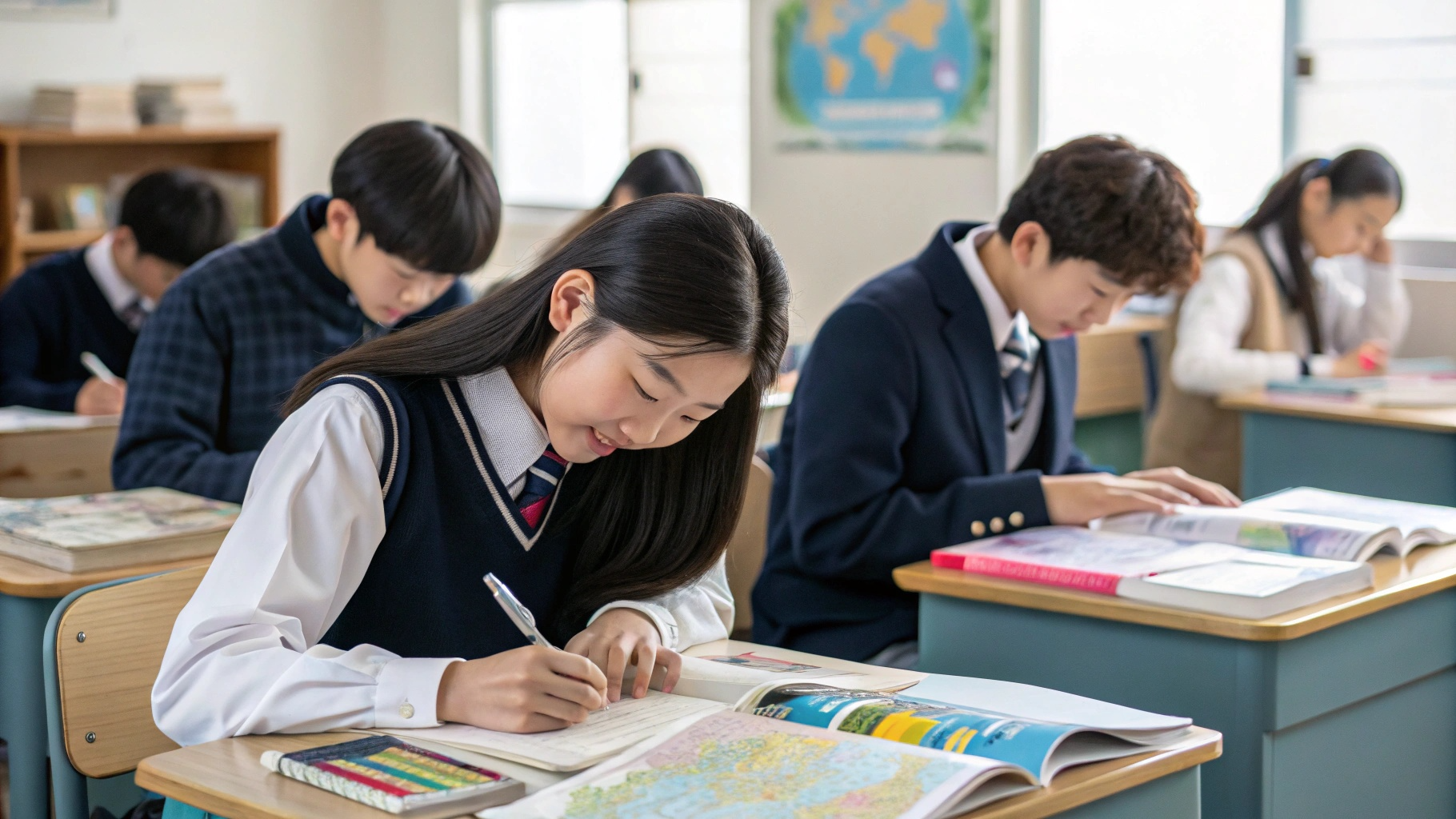 학교에서 사회 과목 공부중인 고등학생들