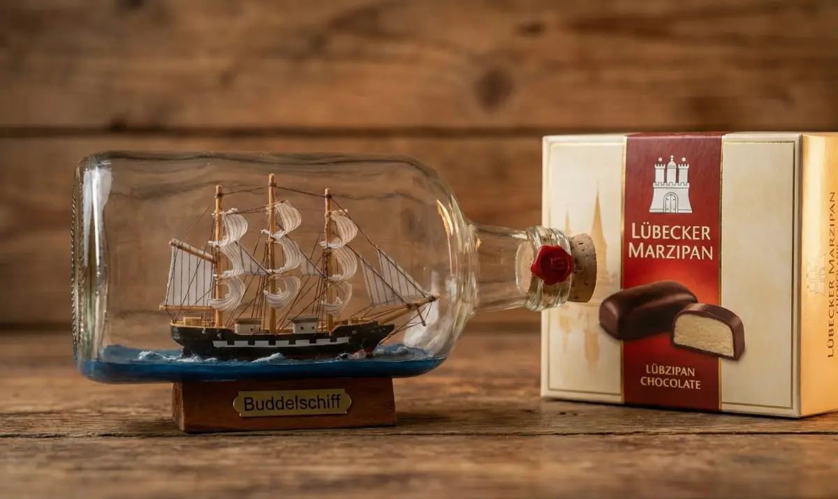 함부르크 기념품 가게에 진열된 병 속의 배 모형과 지역 특산품