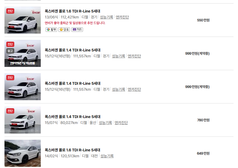 폭스바겐 폴로 중고차 가격 시세표 연비