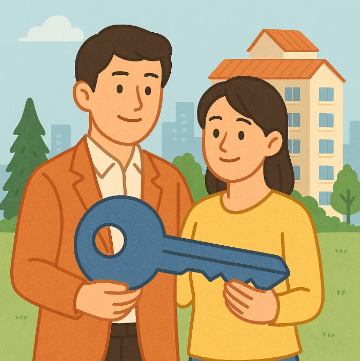 장기전세주택의 청약을 공급받게 된 두 사람이 열쇠를 들고 있는 모습