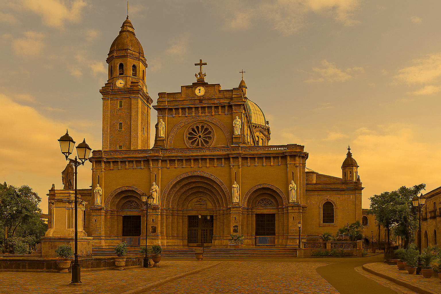 마닐라 인트라무로스 지역에 위치한 필리핀 마닐라 대성당의 아름답고 웅장한 로마네스크 양식 외관. 필리핀여행의 대표 건축물이다.