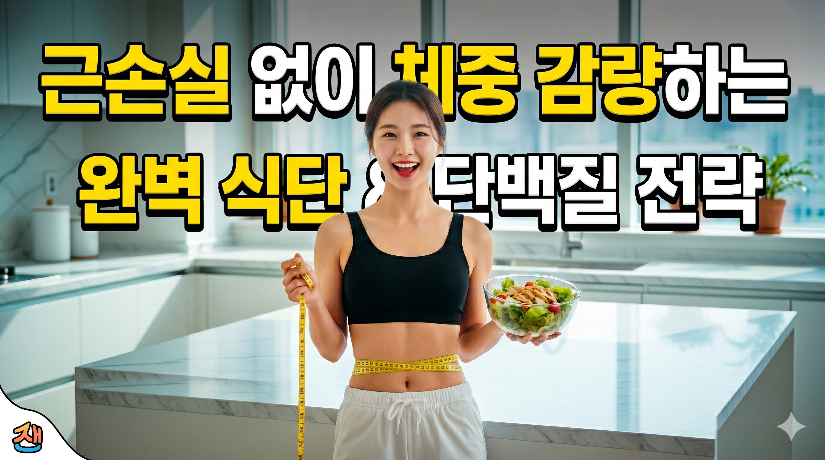 건강하게 체중을 관리하며 미소를 짓는 한국인 여성. 한 손에는 줄자를, 다른 한 손에는 신선한 닭가슴살 샐러드를 들고 현대적인 주방에 서 있다.