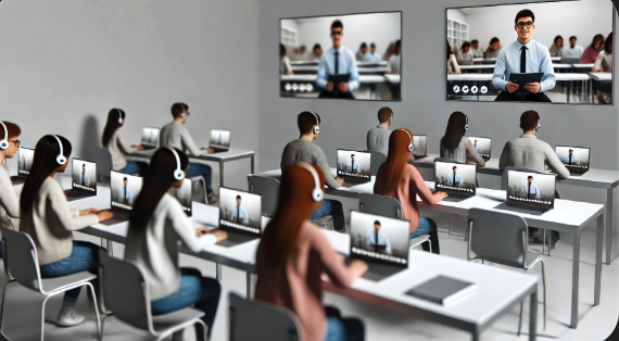 현대적인 교실에서 온라인 학습에 참여하는 학생들