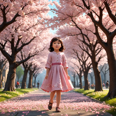 귀여운 아이와 벚꽃 나무