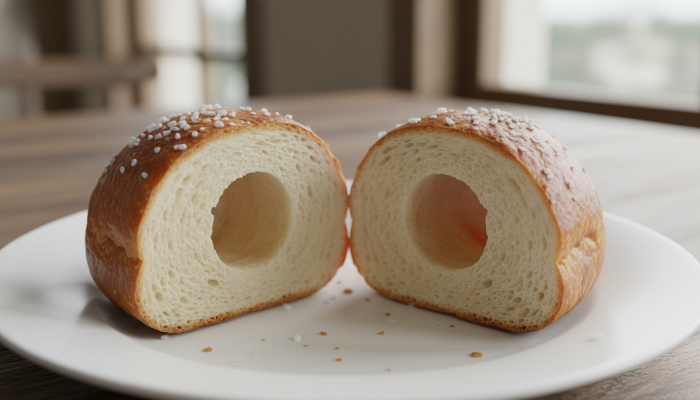 버터 동굴이 선명하게 보이는 소금빵의 단면과 바삭한 겉면 상세 사진