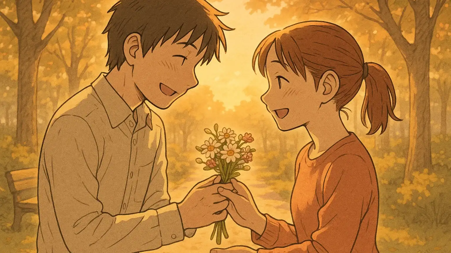 감사를 표현하는 커플이 꽃을 주고받으며 미소짓는 따뜻한 순간을 포착한 이미지