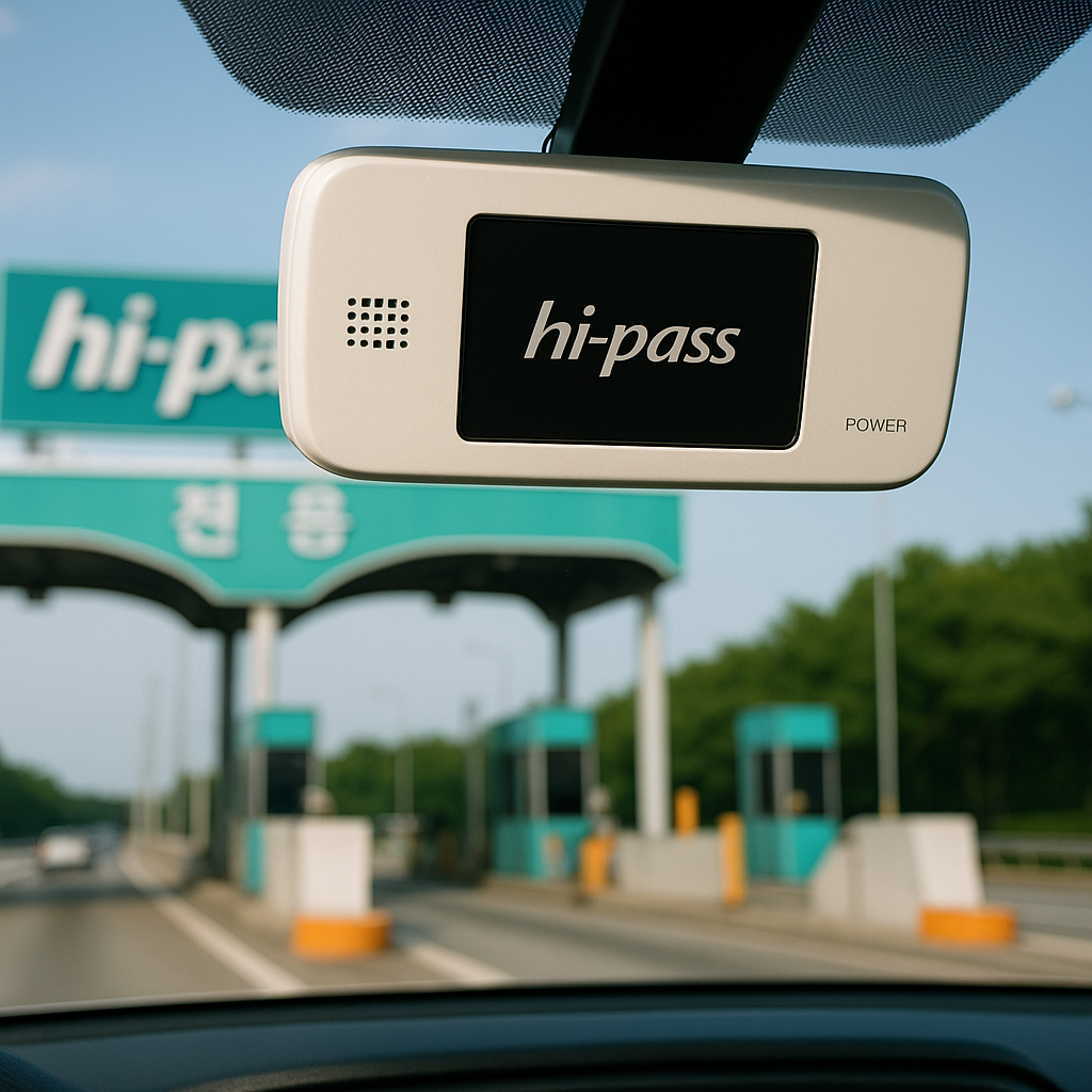 차량 앞 유리에 장착된 하이패스 단말기와 톨게이트