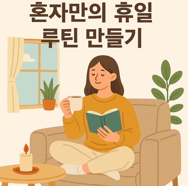혼자 보내는 휴일의 루틴으로 한 여성이 쇼파에 앉아 커피를 마시며 책을 보는 모습