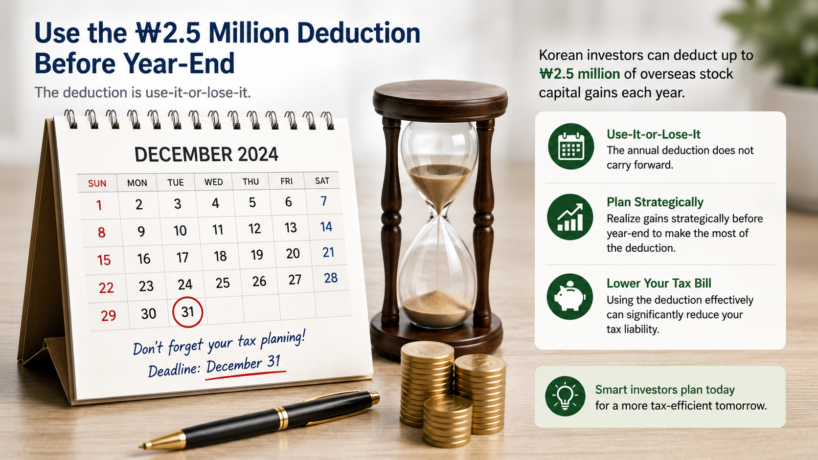 Year-end tax planning strategy showing how to maximize the annual ₩2.5 million capital gains tax deduction.