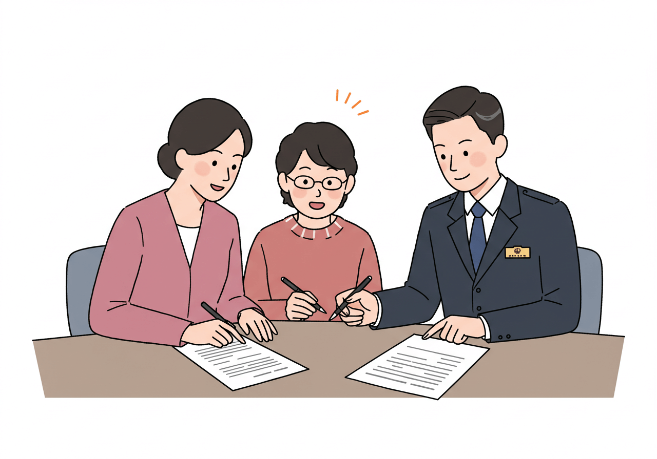 공무원과 책상에 마주 앉아 자녀장려금 관련 서류를 함께 검토하는 두명의 엄마