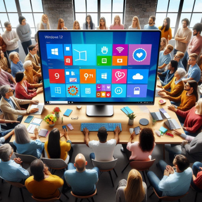 많은 사람들이 대형 스크린을 보며 윈도우 운영 체제에 대해 토론하는 모습.