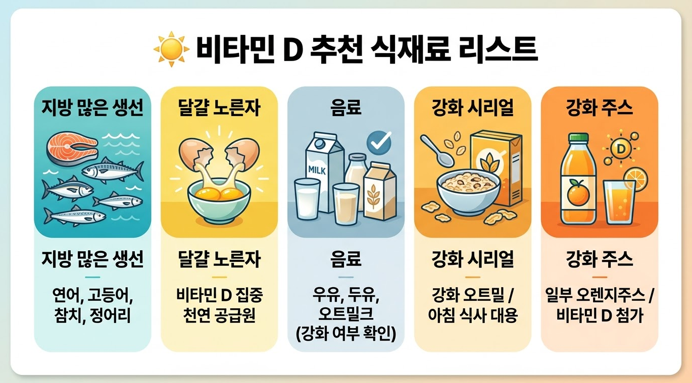 비타민 D 식품 리스트 연어 달걀 우유 시리얼 주스 구성 이미지