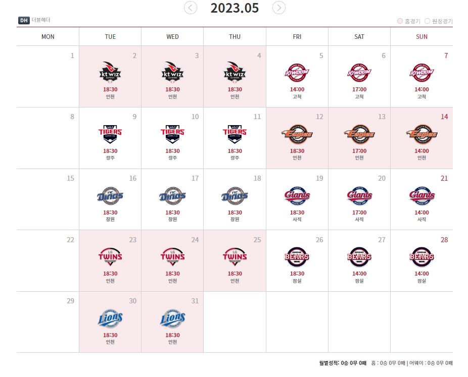 SSG랜더스 경기일정 2023년 5월 일정