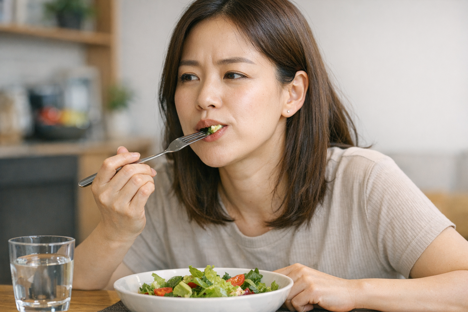 한쪽으로만 음식을 씹는 모습