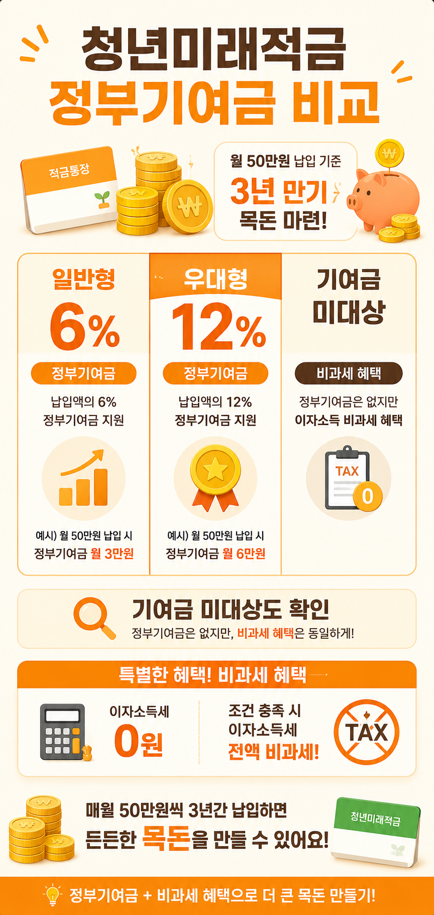 청년미래적금 정부기여금 일반형 6%, 우대형 12%, 기여금 미대상 비과세 혜택과 월 50만원 납입 기준을 비교한 세로형 인포그래픽