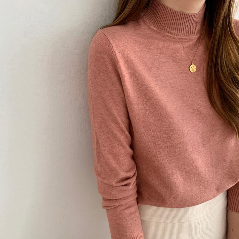 루즈핏 반목폴라 캐시미어니트 여성 니트티 겨울 반폴라 목폴라 니트 반목 폴라 스웨터 핑크