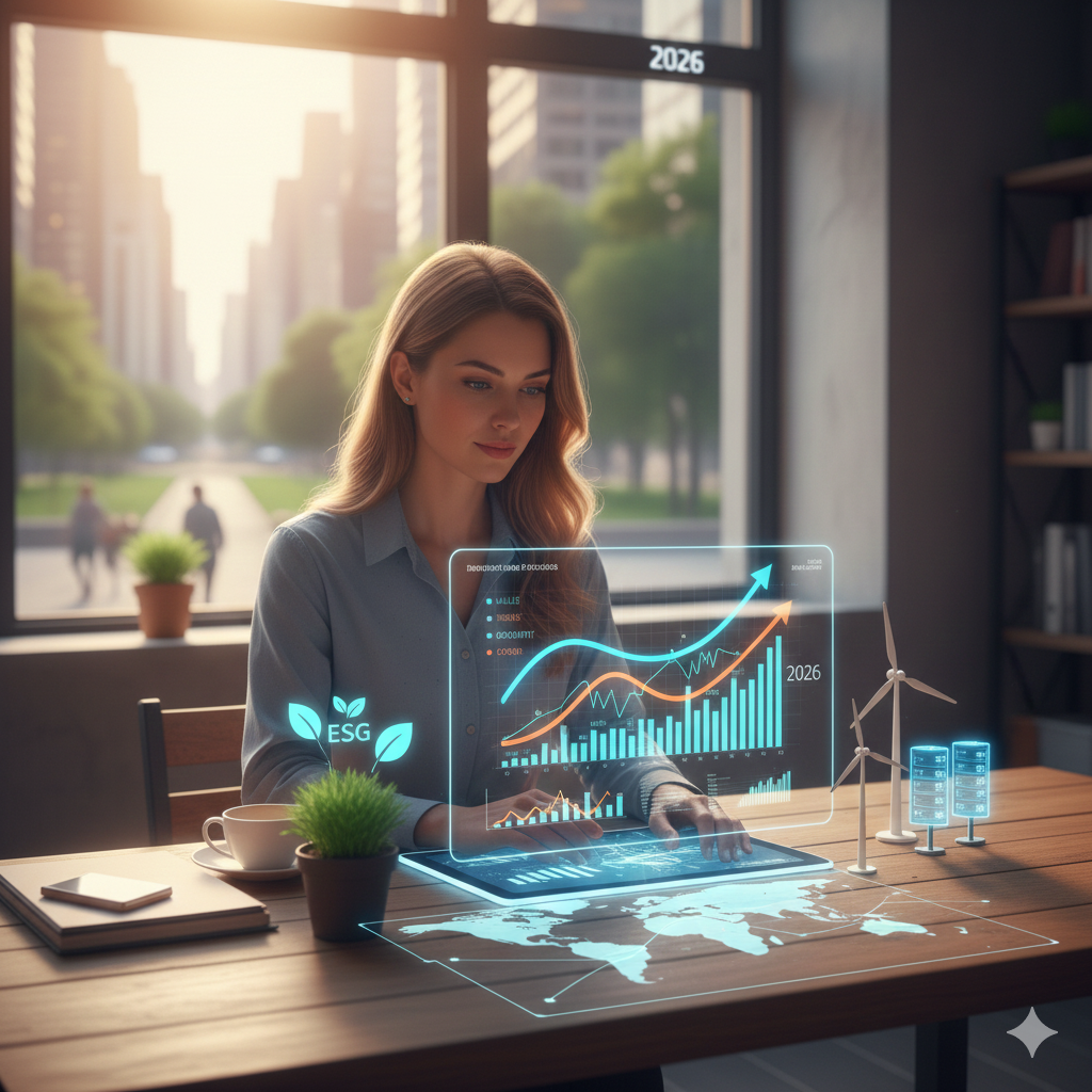 2026년을 배경으로 도심 사무공간에서 ESG 지표와 성장 그래프를 홀로 분석하는 여성 전문가의 모습