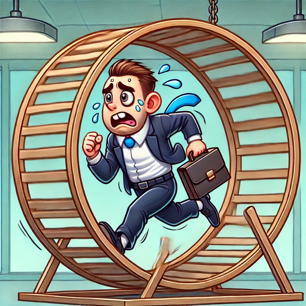 쳇바퀴 속에서 달리고 있는 직장인의 모습을 담은 일러스트.