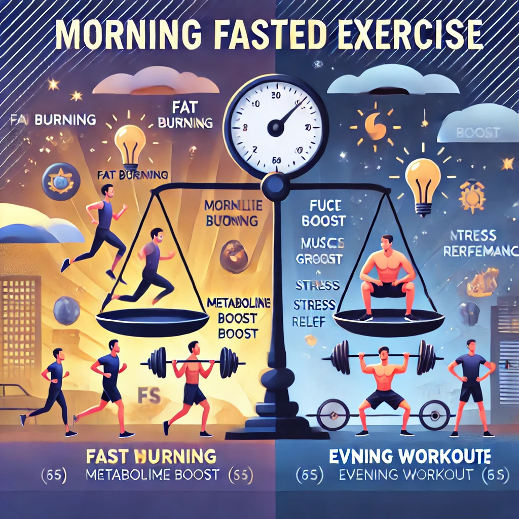 아침 공복 운동 vs. 저녁 운동의 효과를 비교한 이미지입니다! 🌅🏋️♂️
각 시간대별 장점을 시각적으로 표현