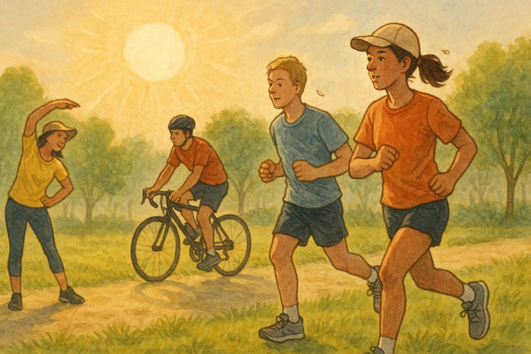 여름 햇살 아래 공원에서 조깅, 자전거 타기, 스트레칭을 하는 사람들의 풍경